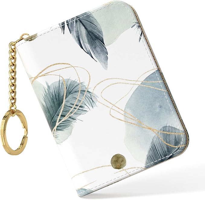 Nipichsha Credit Card Holder, Small RFID Card Wallet for Women, Slim Leather Card Holder Wallet, Credit Card Wallet Organizer, Pocket Business Card Case with Zipper & Keychain, Feather