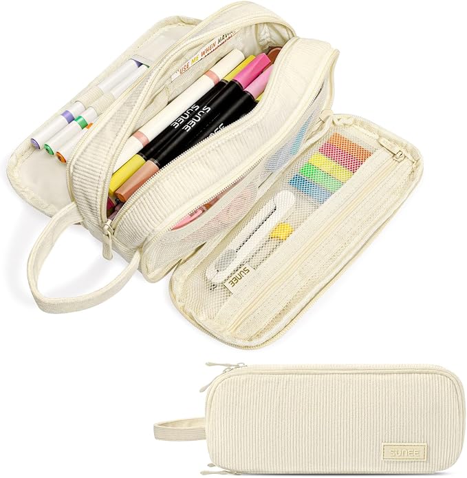 SUNEE Large Capacity Pencil Case with 3 Compartment, Extra Big Pencil Pouch, Pencil Bag with Zipper, Cute Stationery Organizer, Soft Corduroy Pen Box School Supplies for Student Teen Girls Boys, Beige