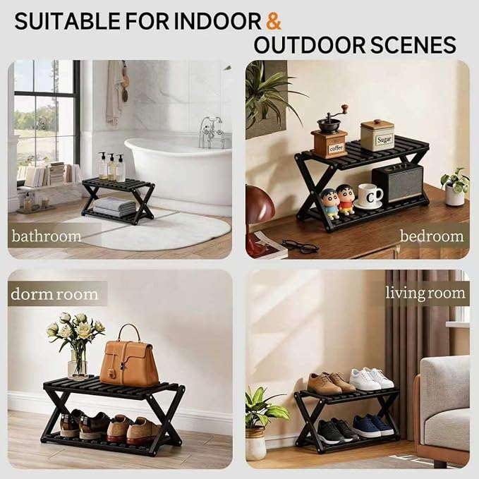 2 Tier Bamboo Shoe Rack Black,Portable Folding Shoe Storage Rack,Without Installation Small Shoe Rack Perfect for Corridors, Bedrooms and Small Spaces