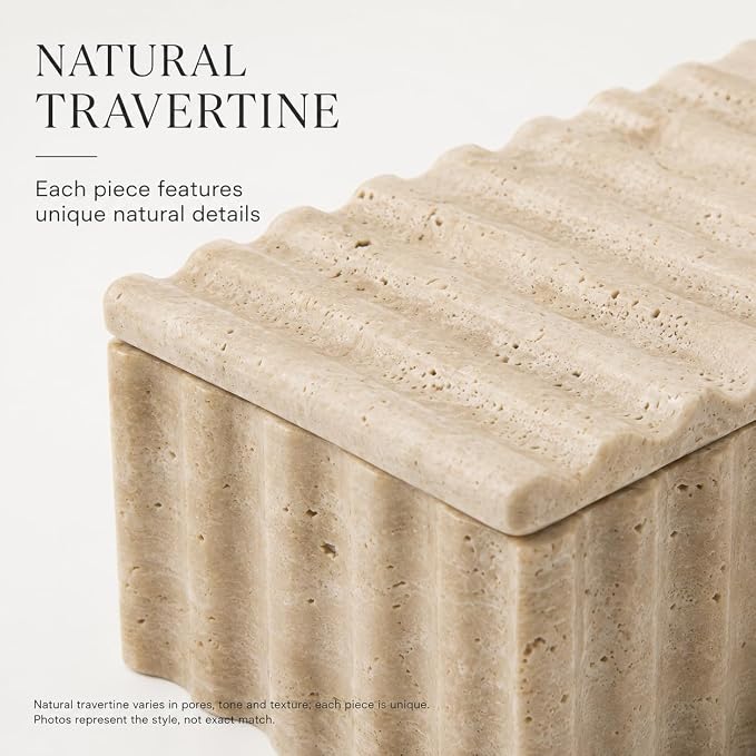 Travertine Storage Box with Lid, Wave Stone Organizer | Lidded design, wave texture, beige travertine pores vary, accessories not included