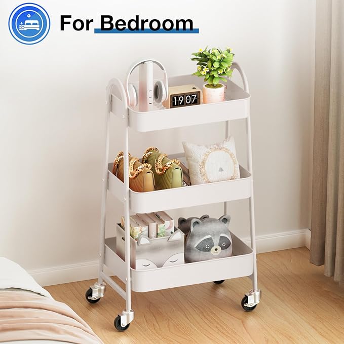 DUMOS 3 Tiers Rolling Cart, Utility Cart, Metal, White | Mobile Storage, Lockable Wheels, Utility Shelving Unit, Kitchen, Bathroom, Laundry, Narrow Places