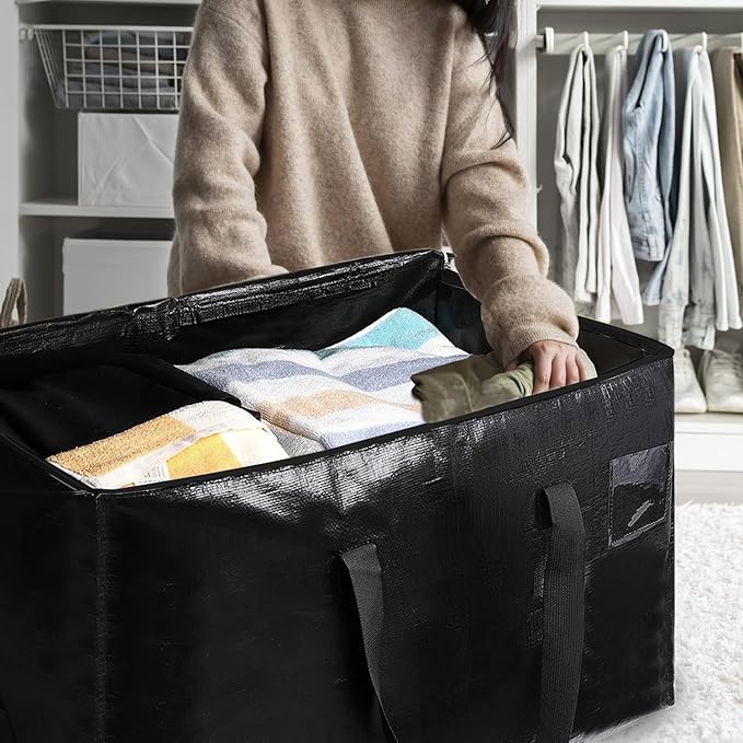 1 Pack Large Moving Bags with Zippers & Carrying Handles, Heavy Duty Storage Tote Moving Boxes ，Space Saving (Black, 1 Pack)