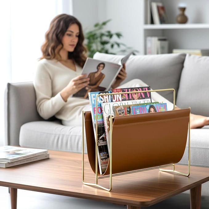 MyGift Magazine Holder Magazine Rack Floor 15-Inch Modern Brown Leatherette & Brass Plated Metal Floor Standing Faux Leather Sling Style Newspaper Rack for Home, Bathroom, Office Decor