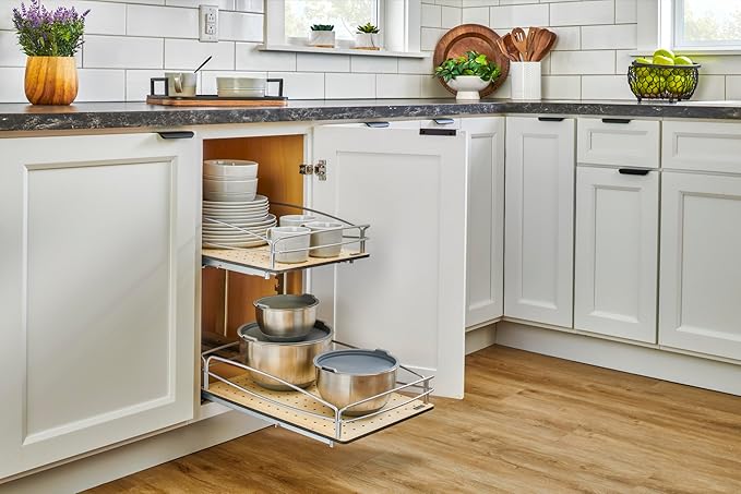 Rev-A-Shelf 2 Tier Pull Out Kitchen Cabinet Storage Organizer with Solid Bottom & Undermount Soft-Close Full Extension Slides, 54BK-21SC-2-1