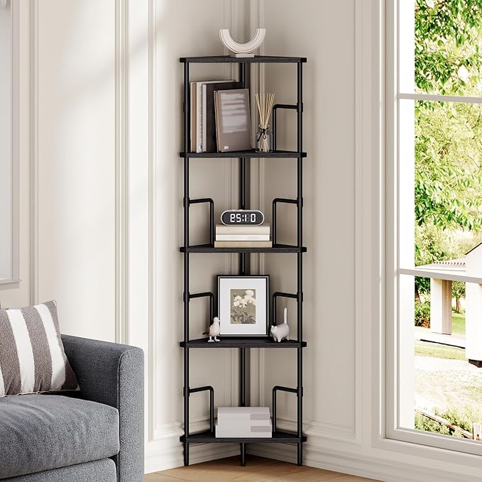 MAHANCRIS 5-Tier Corner Shelf, 52.8" Tall Corner Bookshelf with Metal Frame, Narrow Display Shelf Stand, Industrial Corner Bookcase for Living Room, Bedroom, Home Office, Black CSBK5501