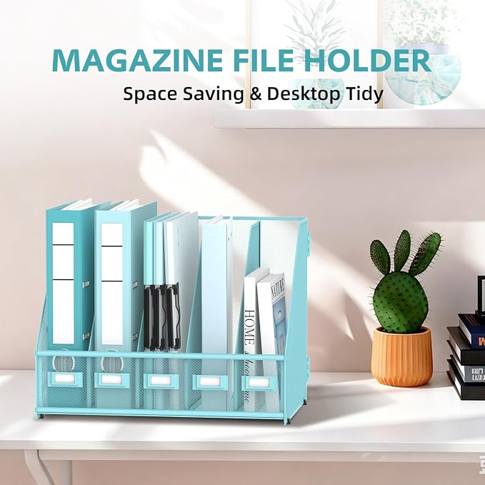 5 Vertical Compartments Magazine File Holder, Metal Binder Organizer, Blue | Space-Saving Desktop Storage, Built-In Label Holders, Anti-Slip Feet, Sized for Binders, Folders, Magazines and Files