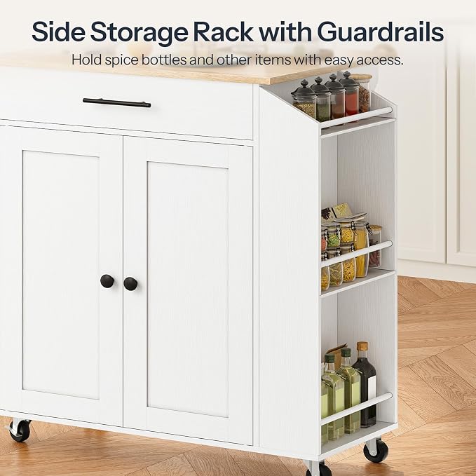 HOOBRO Kitchen Island with Drop Leaf, Rolling Kitchen Island Cart on Wheels | Kitchen Island on Wheels with Drawer & Spice Rack, Island Table with Adjustable Shelves, Kitchen Storage Cart wtih Towel Rack