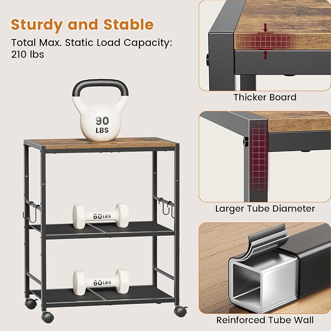 3-Tier Microwave Stand, Kitchen Microwave Cart with Adjustable Shelf | Rolling Kitchen Storage Cart on Lockable Wheels, Coffee Cart Shelf Rack Organizer for Kitchen, Living Room, Rustic Brown