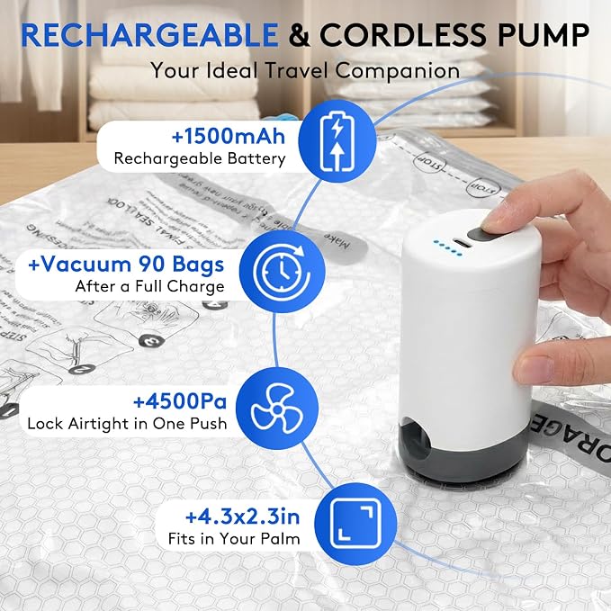 24 Packs Vacuum Bags for Travel with Rechargeable Pump, 3 Sizes Vacuum Seal Bags for Clothing, Compression Vacuum Travel Bags for Luggage, Vacuum Packing Bags for Closet Organization