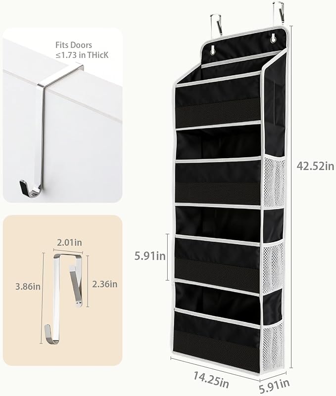 Over the Door Organizer, Door Storage Organizer with Large Capacity Pockets, Hanging Shelves for Bedroom, Closet, Dorm, Pantry (Black, 6-Tier)