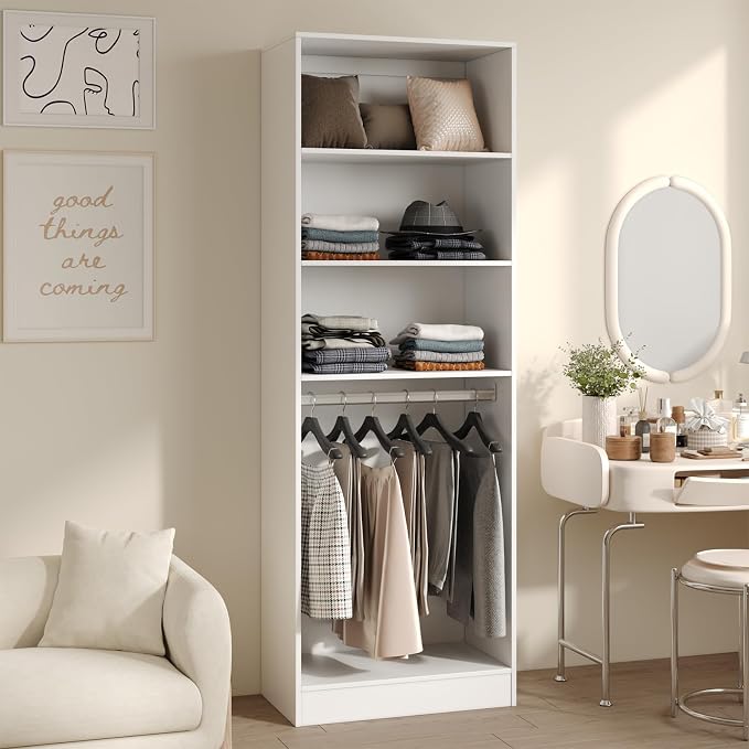 VOWNER 25'' Closet Organizer System Small Freestanding Closet System | 6 Adjustable Shelves, 2 Hanging Rod, White Modular Closet System for Small Closet, Space-Saving, Easy Assembly