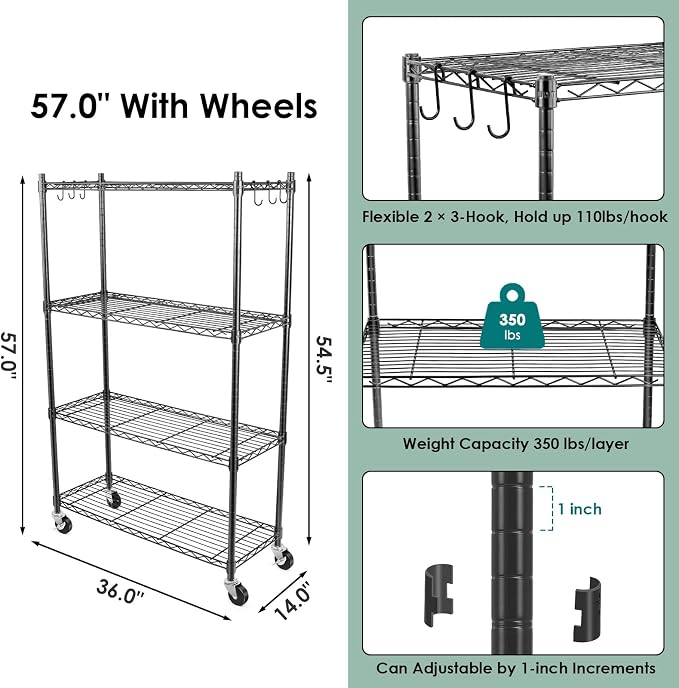 WDT 4-Tier Storage Shelves, Heavy Duty Metal Shelves Wire Rack Shelving Unit, Adjustable Shelf with Wheels for Home Office Garage Kitchen Shelf, 36" D x 14" W x 58" H