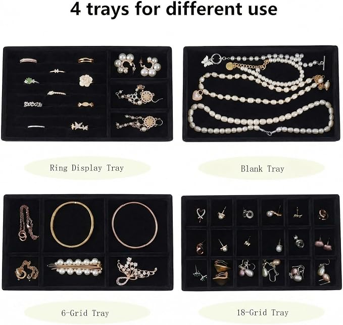 Stackable Jewelry Organizer Trays for Drawer, Set of 4 Velvet Jewelry Drawer Inserts in Dresser, 8in Storage Display Case for Rings Stud Necklaces Accessories(Black)