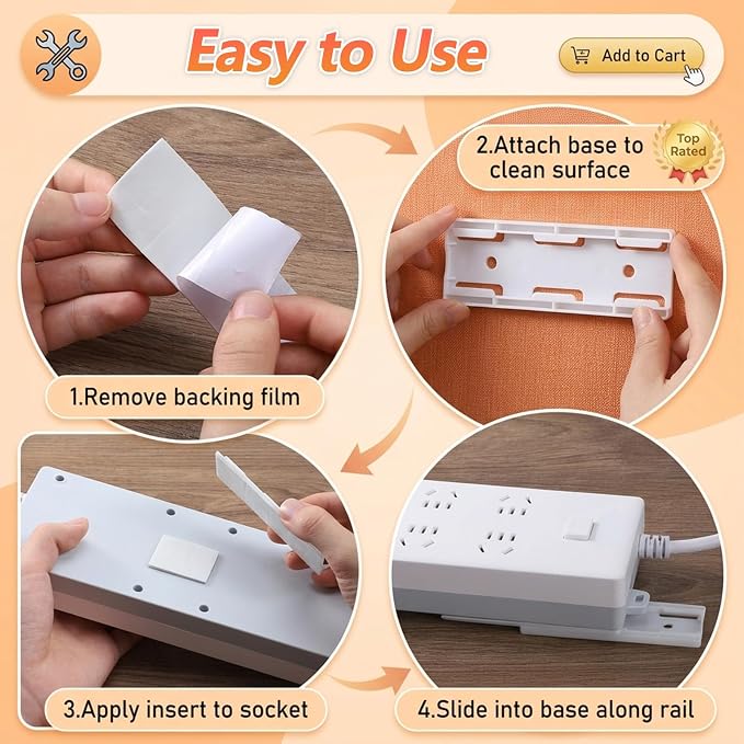 8 Pcs Power Strip Holder, Adhesive Punch-Free Socket Holder Self Adhesive Socket Desktop Fixer Wall Mount for Kitchen Home Office Cable Management (White)