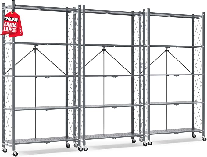 ALANNG 70.7" H Metal Storage Shelves, 5 Tier Folding Shelf on Wheels | Heavy Duty, No Assembly, Rolling, Collapsible Rack Unit for Kitchen, Basement, Pantry (Gray,3 Pack)