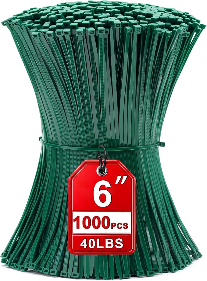 Zip Ties 6 inch, 1000 Pack Green Zip Ties, Green Cable Ties Self-Locking Nylon Cable Ties with 40 lbs Tensile Strength,Wire Ties for indoor and outdoor use.