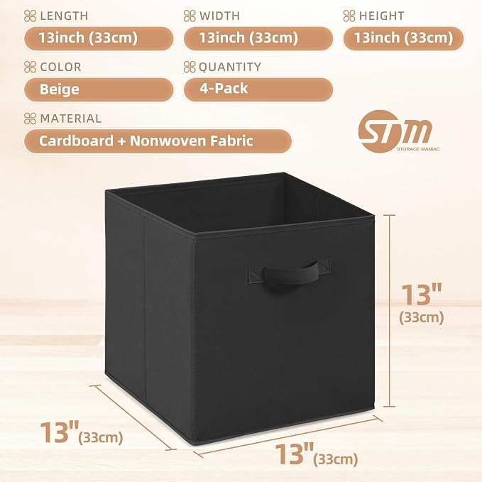 STORAGE MANIAC Storage Cubes, 13 Inch Collapsible Storage Bins with Handles, 4 Pack Fabric Foldable Bins for Organization, Durable Storage Bins for Closet, Shelves, Offices, 4-Pack Black