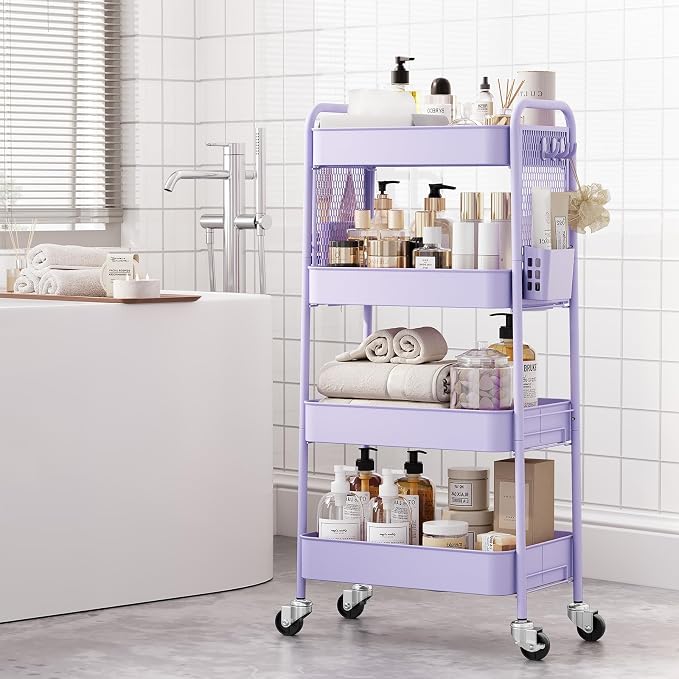 TOOLF 4 Tier Rolling Cart with Pegboard, Metal Storage Organizer Cart with Wheels, Hooks & Bins Esthetician Craft Art Sturdy Storage for Bathroom, Kitchen, Office, Nursery Diaper