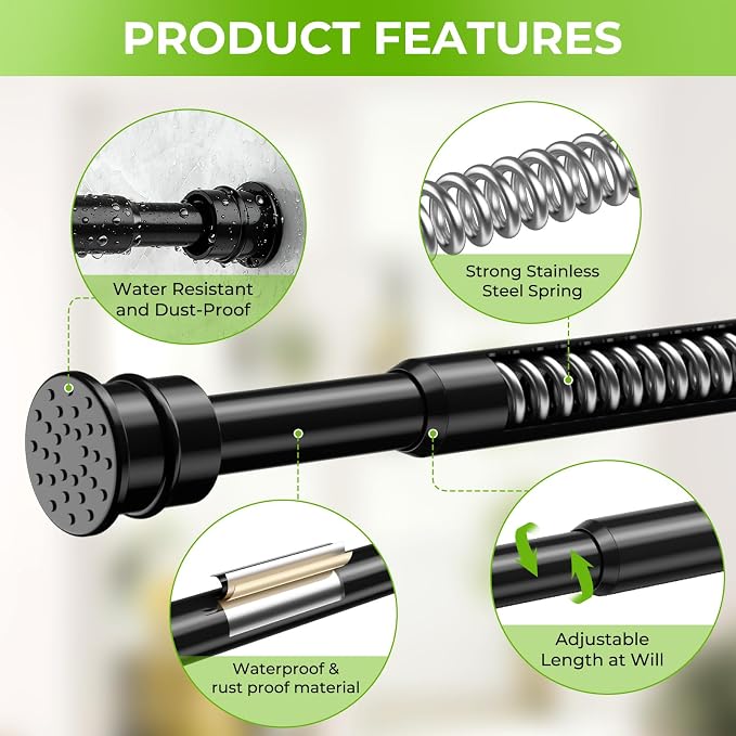 Spring Tension Rods 28-41 Inches No Drill Tension Curtain Rods Black Spring Loaded Curtain Rods Adjustable Small Short Tension Curtain Rod for Window,Kitchen,Doorway,Cupboard,Wardrobe