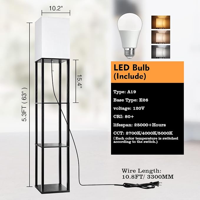 RUNTOP Floor Lamp with Shelves, Shelf Lamp with 3 Color Temperature LED Bulb,Floor-Lamp for Living Room, Modern Tall Standing Display Shelf Floor Lamps for Bedroom, Office (Black)