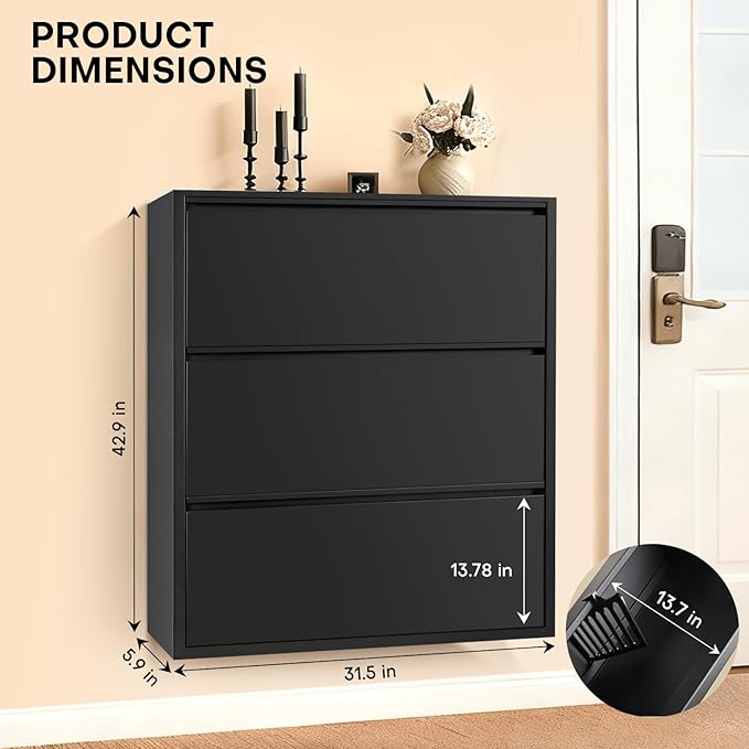 Shoe Storage Cabinet with 3 Flip Drawers, Hidden Slim Narrow Shoe Rack Cabinet, Wall Mount Metal Shoe Cabinet for Entryway, Black
