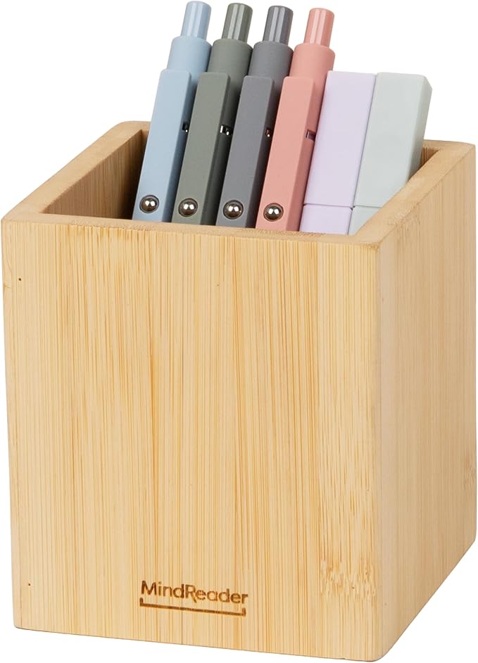 Mind Reader Pen Cup, Accessory Holder, Desktop Organization, Office, Bamboo, 3.5"L x 3.5"W x 3.875"H, Brown