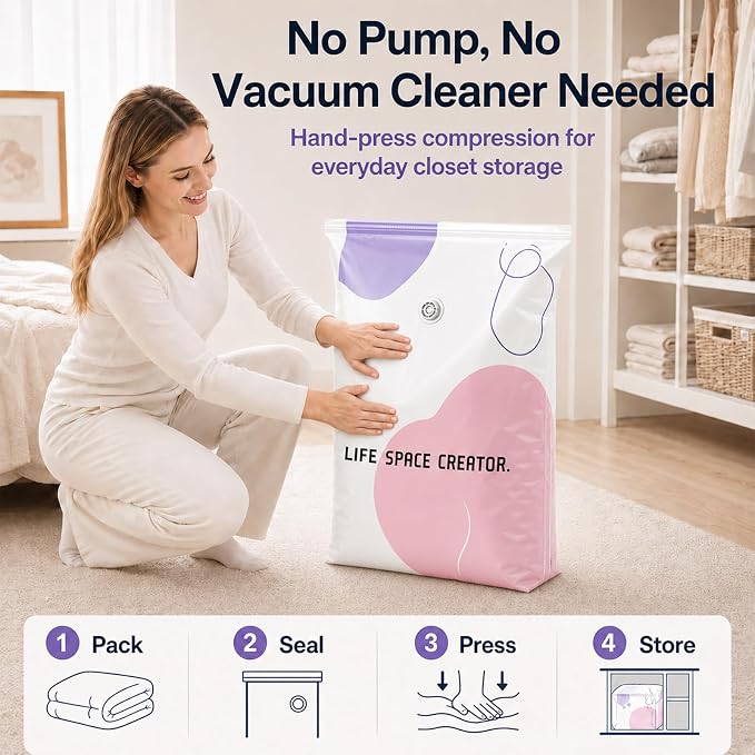 3 Pack No Pump Vacuum Storage Bags, 23.6 x 12.6 x 39.4 in | Large capacity space saver compression bags for comforters blankets bedding seasonal clothes closet organization and moving