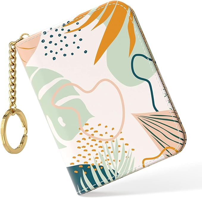 Nipichsha Credit Card Holder, Small RFID Card Wallet for Women, Slim Leather Card Holder Wallet, Credit Card Wallet Organizer, Pocket Business Card Case with Zipper & Keychain, Boho Leaves