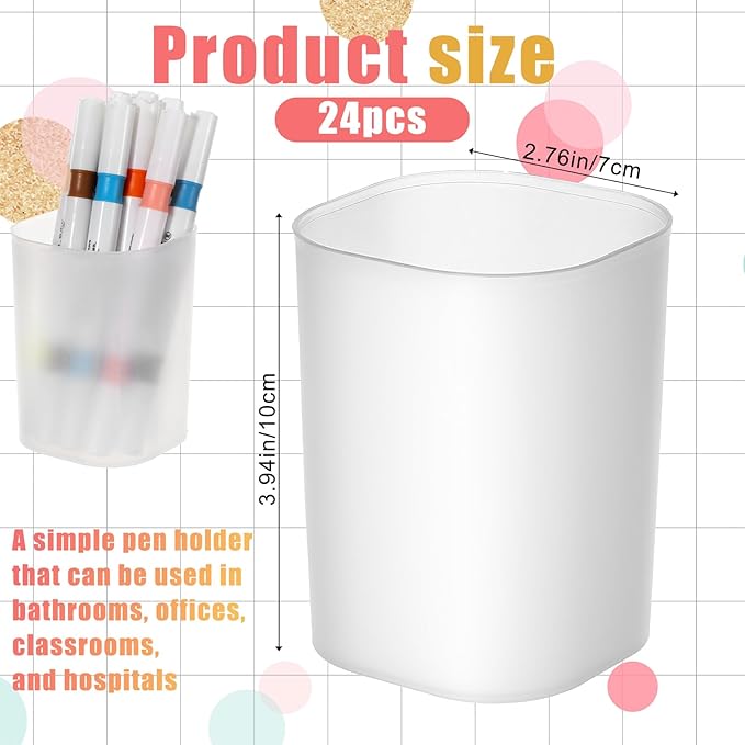 24 Pack Translucent Pen Holder Pencil Cups for Desk Organizers and Storage Stationery Plastic Matte Pencil Holder Cups Ins Style Transparent for Office Home Supplies