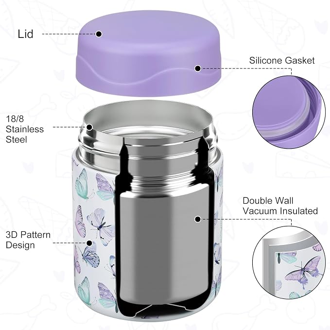 wiwens 12oz Soup Thermo for Hot Food Kids Insulated Food Jar Wide Mouth Lunch Container Leak Proof Stainless Steel Vacuum Bento Box for School Office Travel Outdoors White-Butterfly