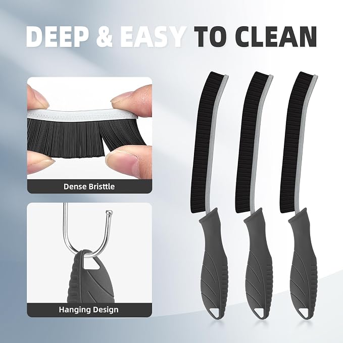 FOOGWEE Hard Bristle Crevice Cleaning Brush - Cleaning Supplies - Household Crevice Cleaning Tools - Multi-Purpose Crevice Brushes for Kitchen, Toilet, Window, Vehicle, Faucets, Grout (3, Grey)