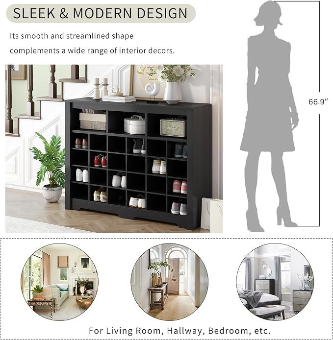 Harper & Bright Designs Sleek Design 24 Shoe Cubby Console, Modern Shoe Cabinet with Curved Base, Versatile Sideboard for Hallway, Bedroom, Living Room, Black