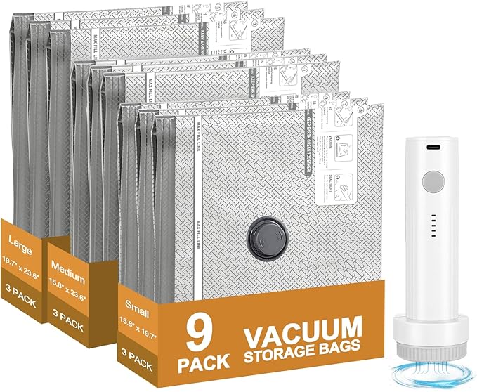 Travel Vacuum Bags with Electric Pump, Cordless Space Saver Storage Seal, Luggage Compression Packing Cubes for Clothing (9 Combo Set)