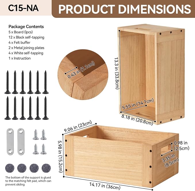 KIRIGEN Stackable Wood Storage Cube with Handles, Open Cubby Bin, Natural | Open-Front Wooden Box Crate for Books, Clothes, Shoes, Closet Storage, and Display for Home Office, Assembly Required C5-NA