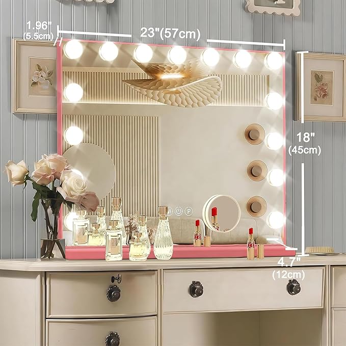 Ratsamee Pink Hollywood Vanity Mirror with Lights, 15 Dimmable Bulbs, 3 Color Lights,Make Up Lighted Mirror, Aluminum Metal Frame, USB Charging Port（23" x 18"）