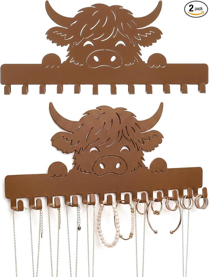 Hicarer 2 Pack Highland Cow Necklace Holder Wall Mount 24 Hooks Adhesive Metal Jewelry Organizer Farmhouse Home Storage Decor Gifts for Women Highland Cow Lovers for Earrings Bracelets Rings Keys