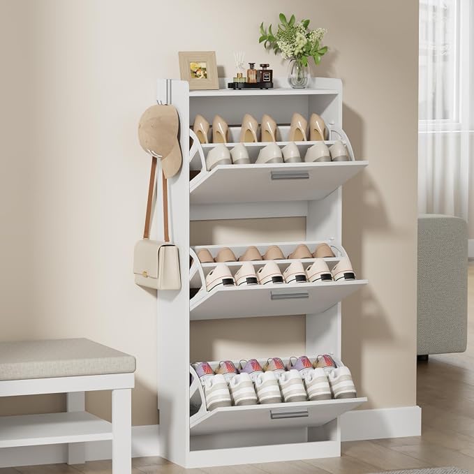 Shoe Cabinet Organizer with 2 Flip Drawers，Freestanding Shoe Rack Cabinet，Narrow Shoe Cabinet Storage for entryway，Foyer, Hallway, White UM2SC423W