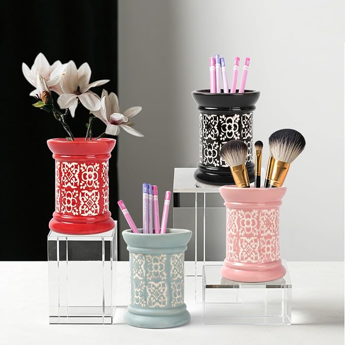 Printed Pencil Holder, Cute Pen Holder for Desk, Ceramic Carved Cylinder Pencil Holder, Office Decoration Container Islamic Style(Blue)