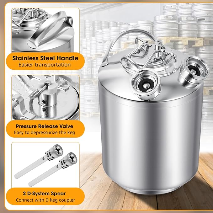 2.5 Gallon Beer Line Cleaner Keg, Keg Cleaning Kit with 2 D Spears for D Coupler, 304 Stainless Steel Kegerator Line Cleaning Kit, Keg Line Cleaning Kit with Handle Used for Beer Line Cleaning