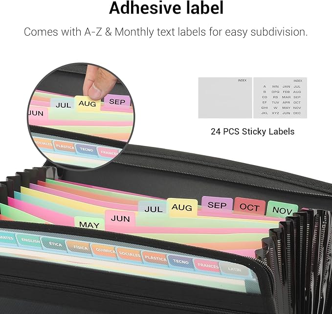 Mukawa 13 Pocket Expanding File Folder, Zippered Accordion File Organizer with Front Clear Pounch, Expandable Filing Folders for Documents, Papers Letter Size, Black