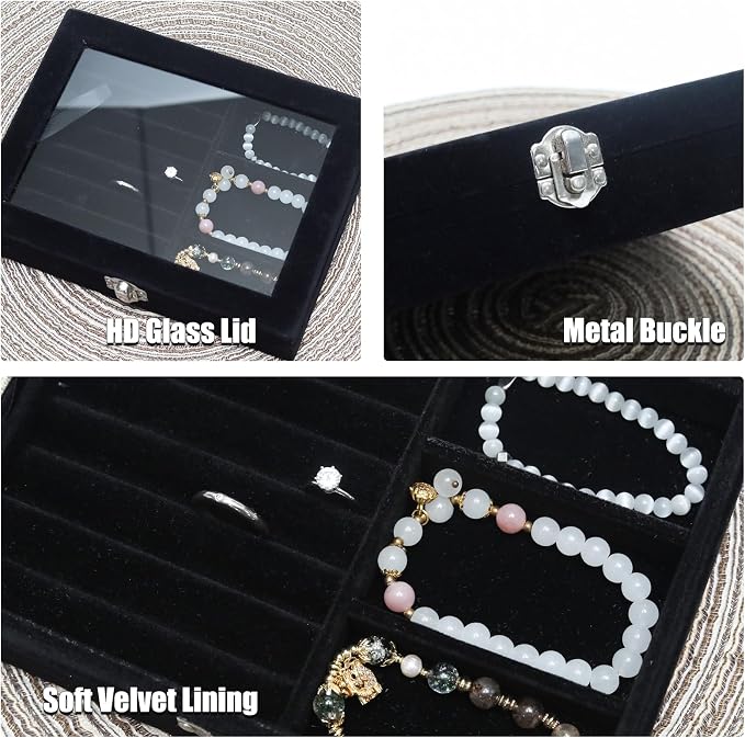 Small Velvet Jewelry Tray with Clear Lid, Lockable Ring Earring Holder Organizer Storage Box Case Jewelry Box Organizer for Rings Earrings Bracelets Brooches, 2-in-1 Black