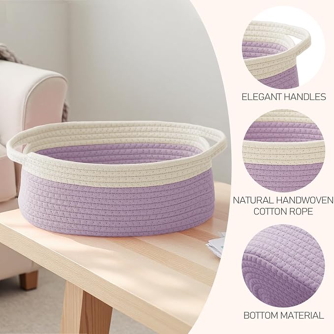 JMvicyroam Woven Basket,Small Rope Storage Bin with Handles & Ribbon Bag, Organizer for Shelves Closets,Gift Basket Empty for Birthday,Books,Dog Toys, White&Purple