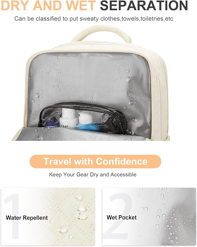 WONHOX Travel Carry On Backpack for Women, Waterproof Laptop Backpack for Traveling on Airplane Hiking Gym Backpack with USB Charging Port Shoe Compartment, Beige