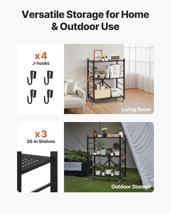 VEVOR 3-Tier Foldable Storage Shelf, 28W x 13D x 36H Inch Folding Metal Rack Shelving Unit, No Assembly Organizer Shelf with 5 Wheels & 4 Hooks for Pantry, Kitchen, Garage, Basement, Black