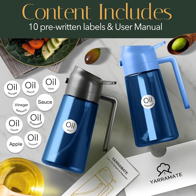 YARRAMATE 16oz/470ml Light-Blocking Dark Oil Sprayer for Cooking, 2 in 1 Olive Oil Dispenser Bottle for Kitchen, Premium Blue Glass Oil Bottle, Food-Grade Oil Mister for Air Fryer, BBQ (Skyblue)