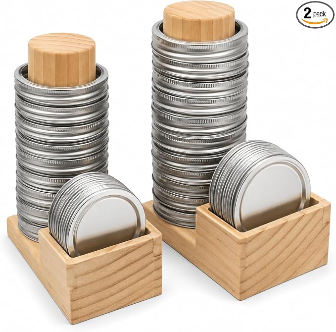 Mason Jar Lid Organizer, 2 Pack Wood Holder for Regular & Wide Mouth | Solid Pine Wood, 2-Pack Set, Regular & Wide Mouth, Holds 26 Rings & 44 Lids, Space-Saving Storage