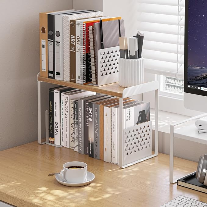 Mitus Shelf Organizer and Storage, Tiered Wood Cabinet Rack for The Kitchen Counter, Bathroom Counter, Pantry Cupboard, Office Desk Bookshelf, 12" Wide Natural and White
