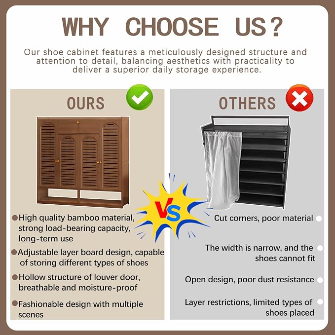 Shoe Cabinet with Louvered Doors, Freestanding Entryway Shoe Storage Cabinet with Drawer & Open Compartment, Modern Bamboo Shoe Rack Organizer with Shelves for Closet