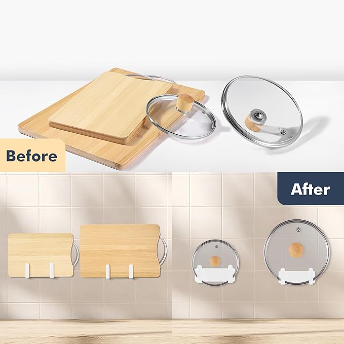 Pot Lid Rack, Wall Mounted 304 Stainless Steel Multi-Functional Storage Holder, Fits Cutting Boards, Pot Lids, Bathroom Scales, Self-Adhesive & Screw Mounting, Kitchen & Bathroom Organizer (White)