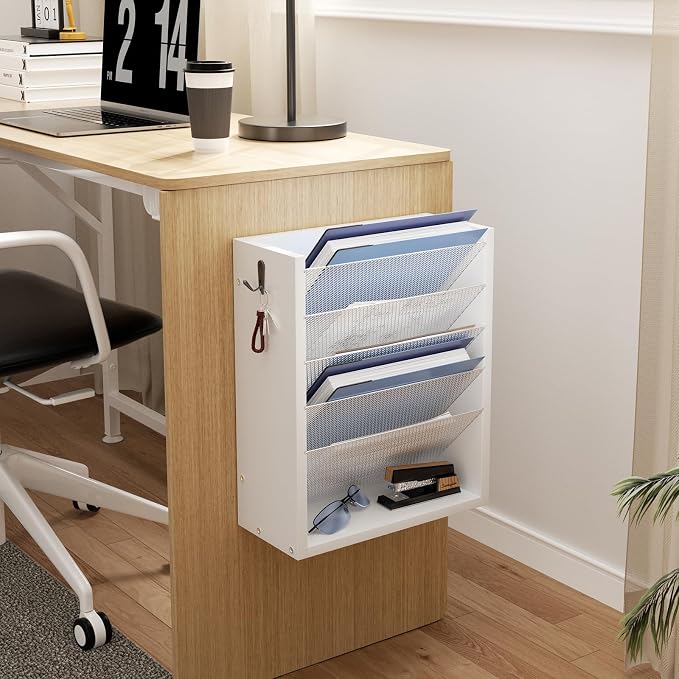 Creso hom Mail Organizer Wall Mounted, Mail Sorter with 2 Key Hooks, 6-Slot File Organizer for Wall or Desk, Wood Letter Holder Envelopes Bills Accessories for Home Office, White